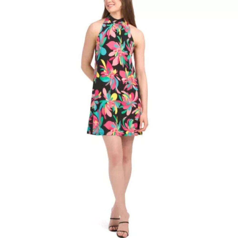NWT TRINA TURK Hana Hou Vibrant Tropical Print Halter Slinky Jersey Dress Size S